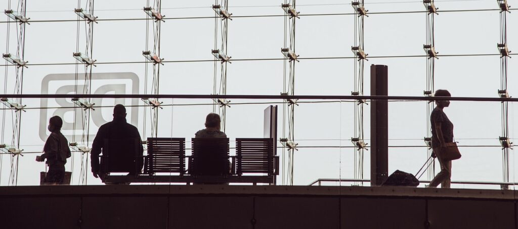 silhouettes, people, bank, suitcase, building, structure, to travel, station, wait, bank, bank, bank, bank, bank